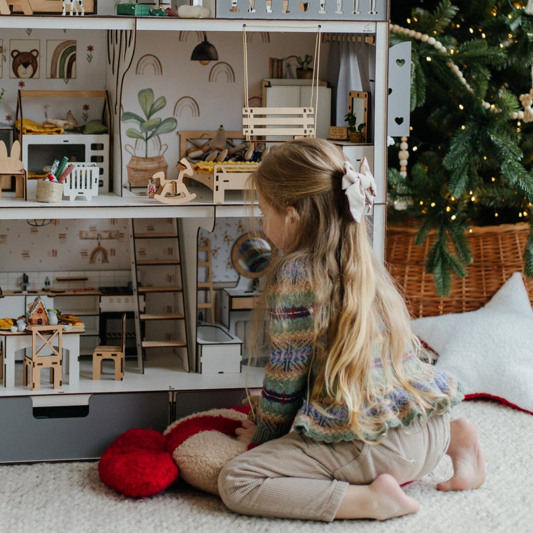 LOL Barbie Dollhouse with miniature furniture set and living room furniture list on a green background