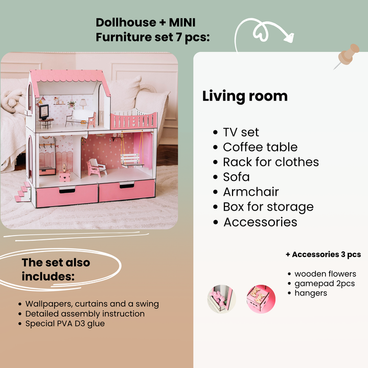 Dollhouse with miniature furniture set on a beige background
