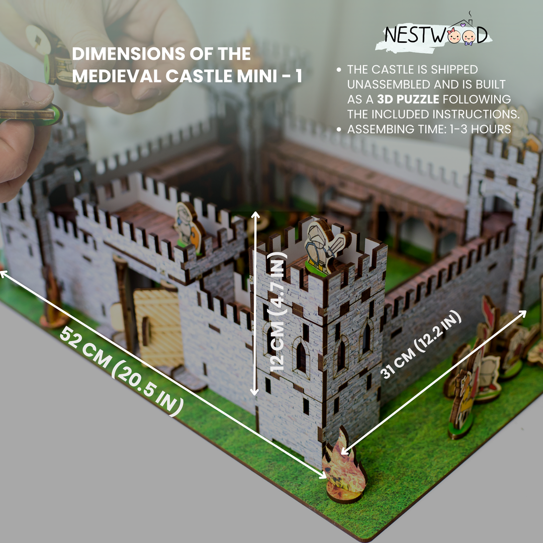 Medieval castle mini model with dimensions labeled, featuring Nestwood branding.