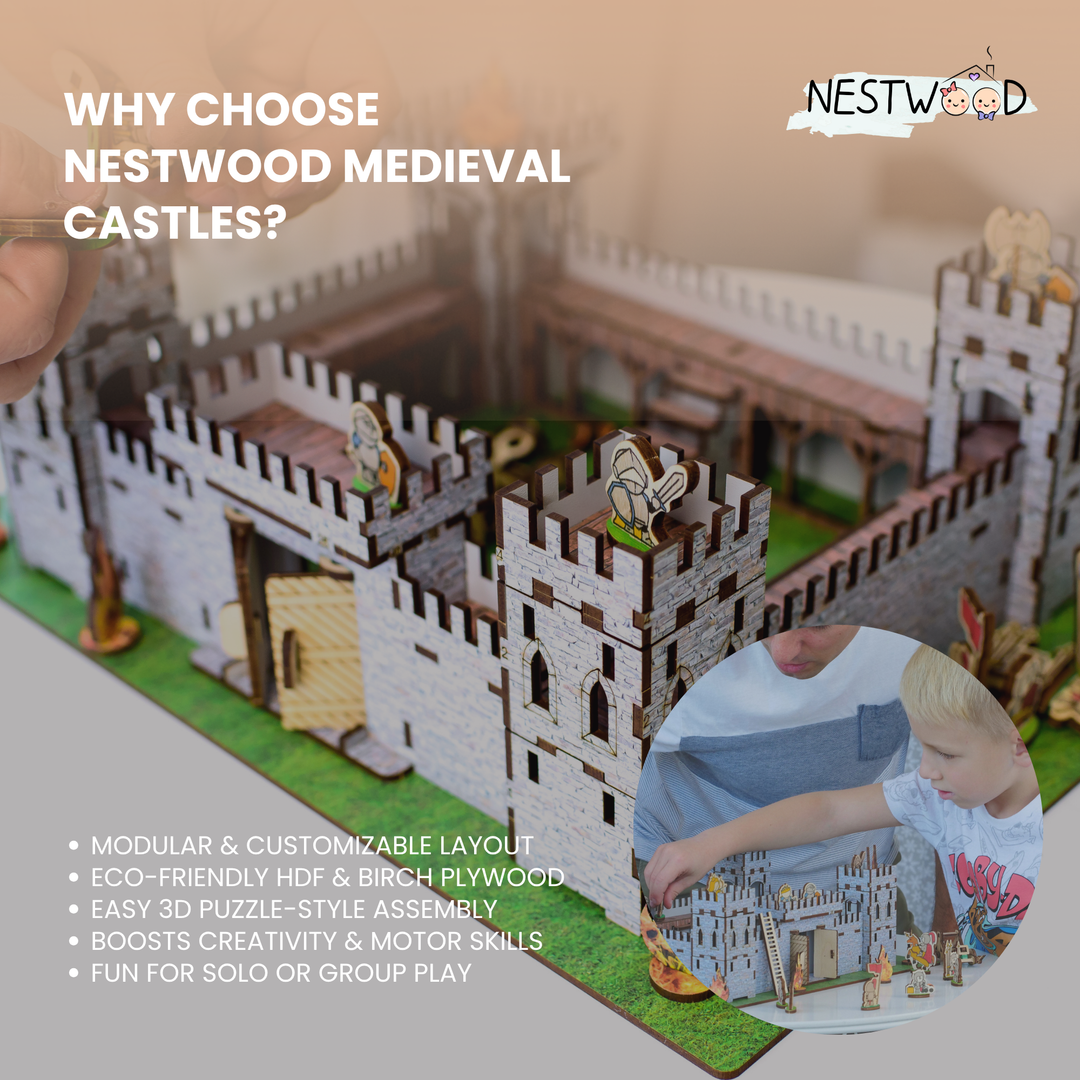 Medieval castle model with a child playing, promotional text about Nestwood medieval castles, and Nestwood logo.