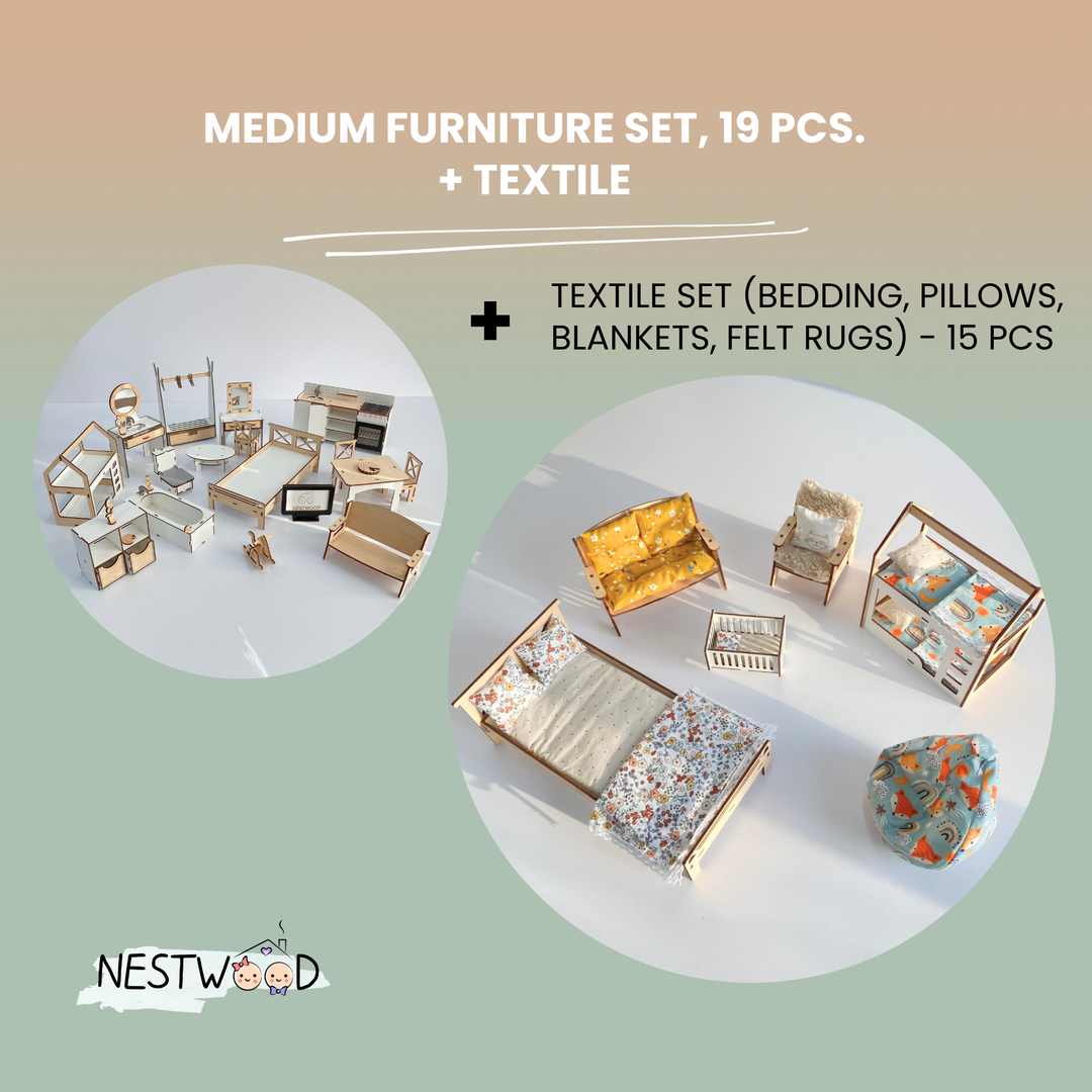 Medium furniture set with textiles by Nestwood on a gradient background