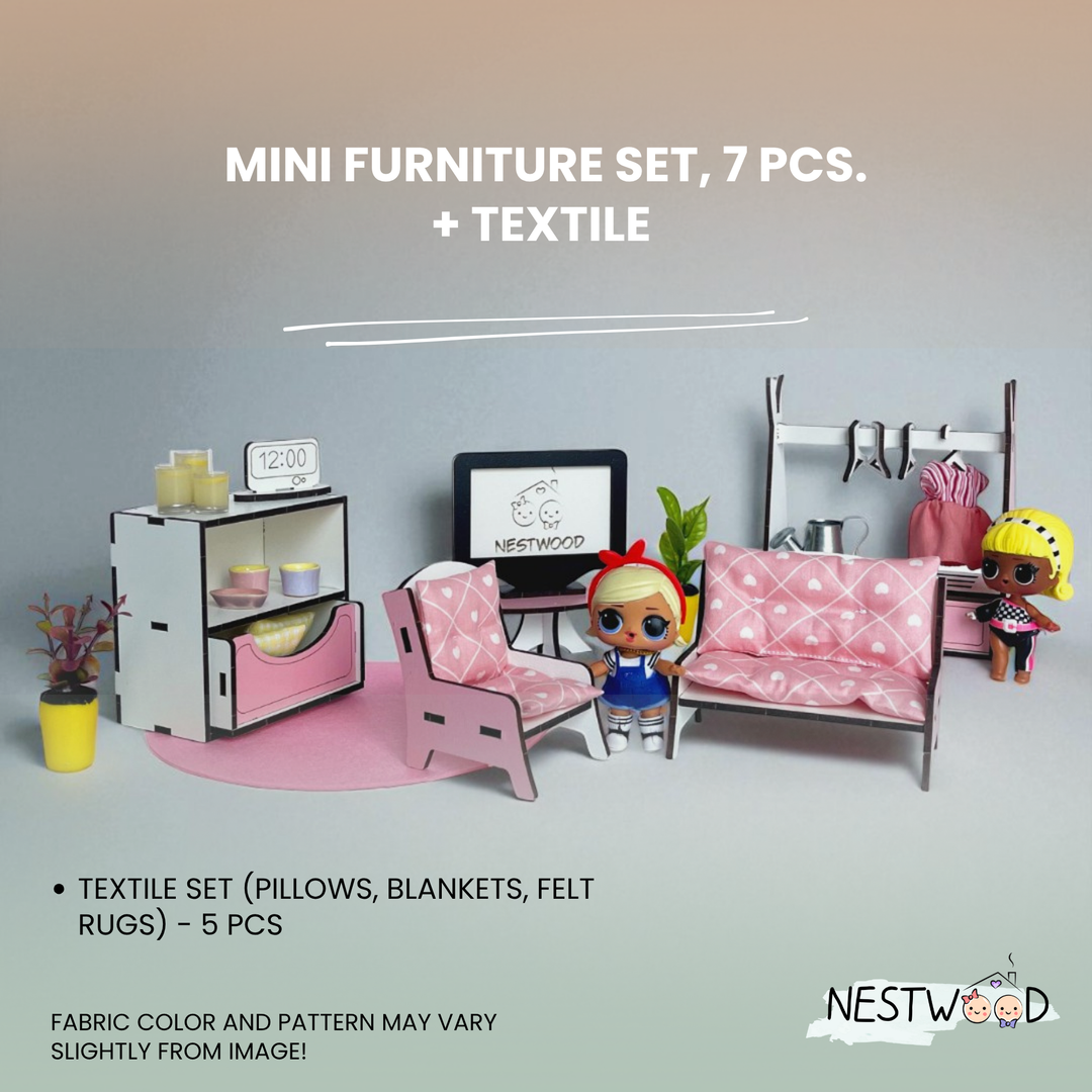 Miniature furniture set with dolls and textiles on a neutral background, featuring the brand 'NESTWOOD'.
