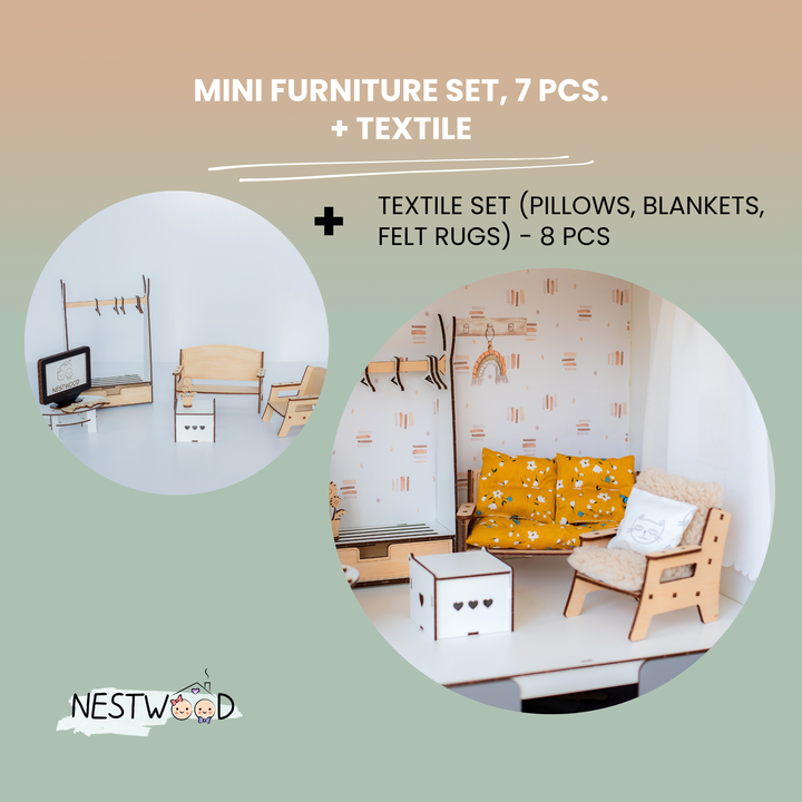 Miniature furniture set with textiles on a gradient background, featuring Nestwood brand.