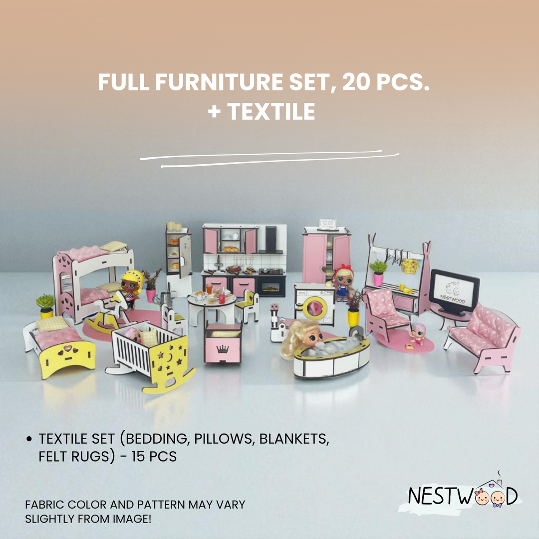 Miniature furniture set with textiles on a gradient background, featuring Nestwood branding.