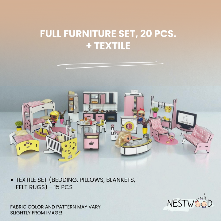 Miniature furniture set with textiles on a gradient background, featuring Nestwood branding.