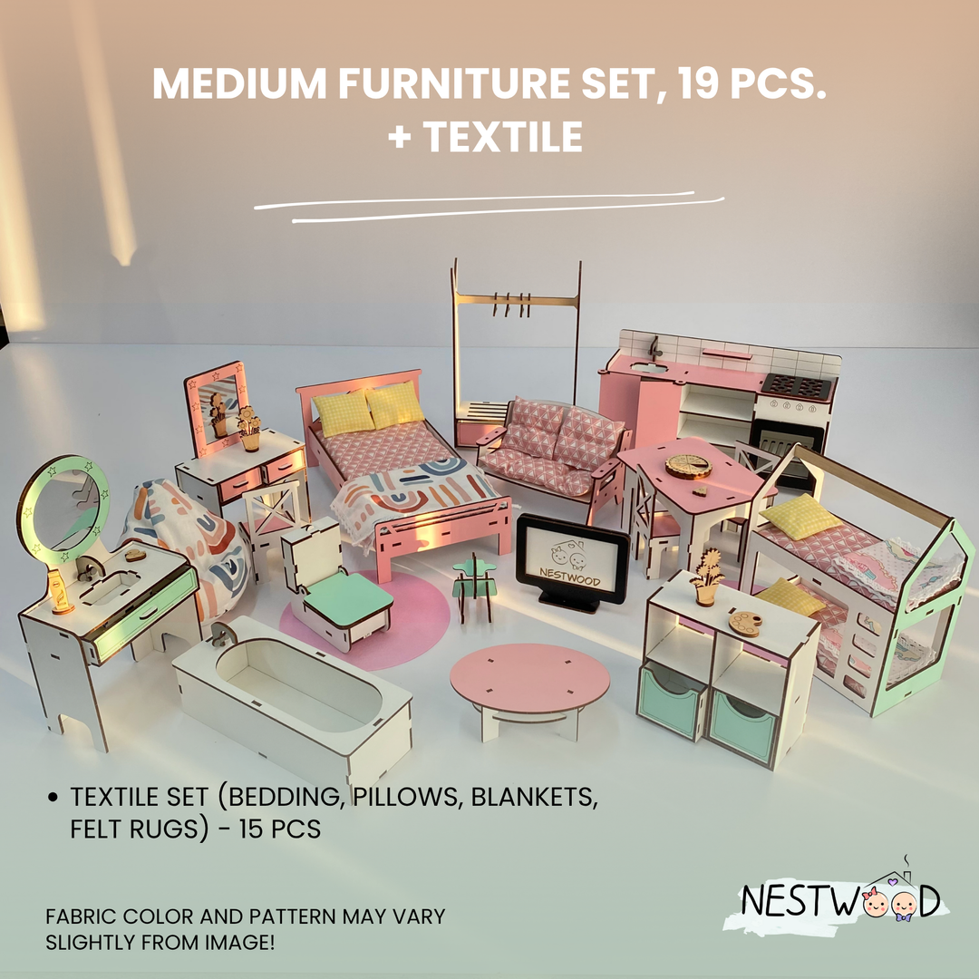 Miniature furniture set with textiles on a white background, featuring Nestwood branding.