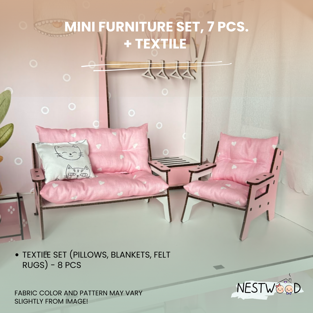 Miniature pink furniture set with textiles on a white background, featuring the NESTWOO brand.