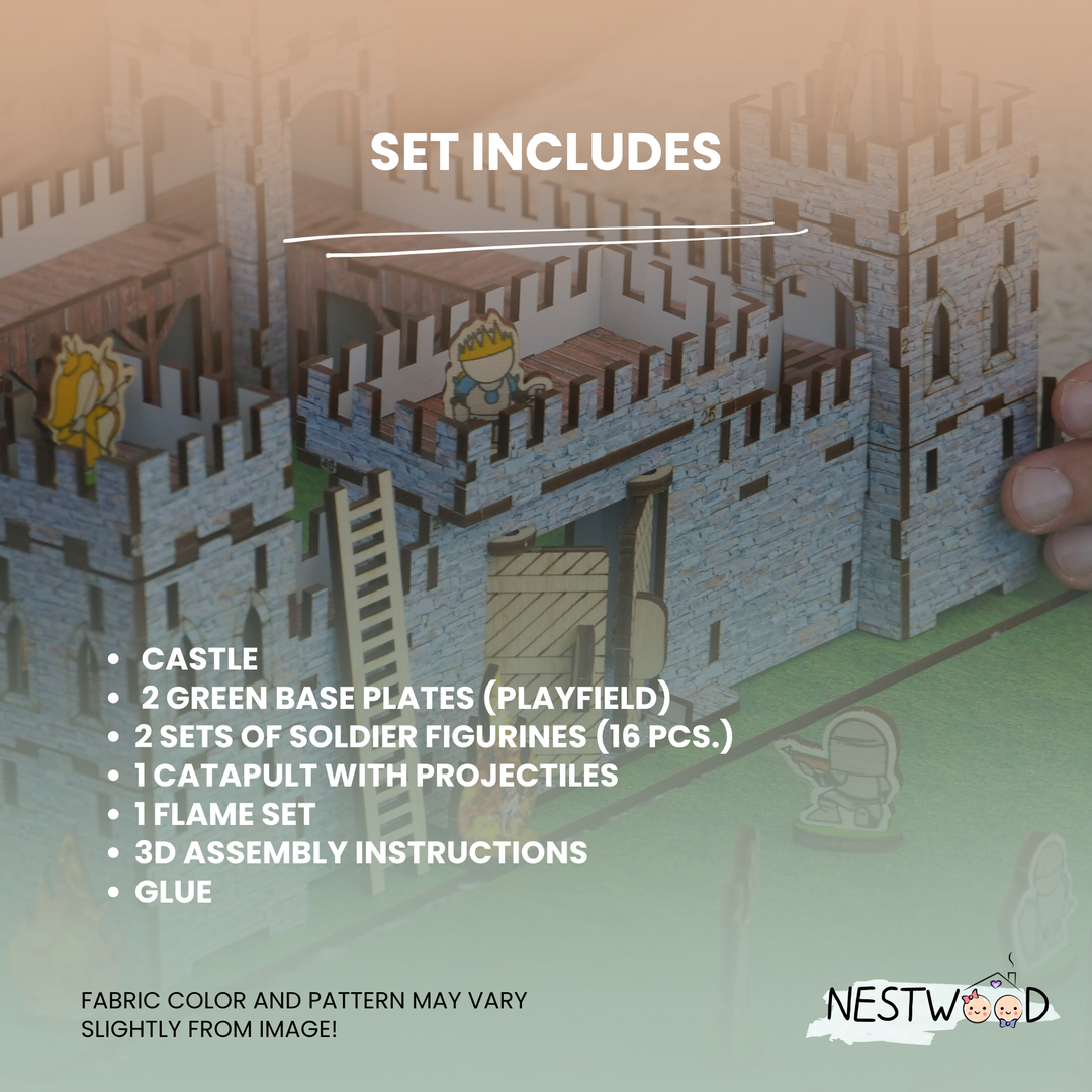 Model castle set with included components and Nestwood branding.