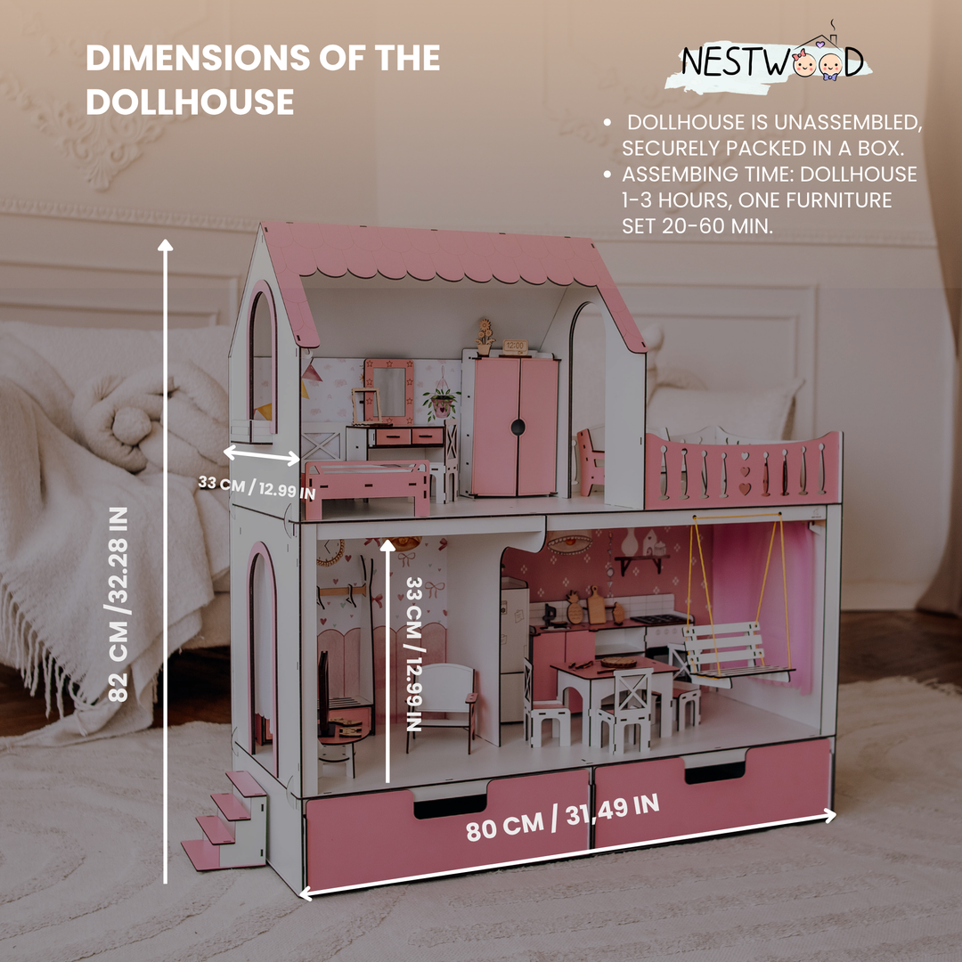 Pink dollhouse with furniture and dimensions displayed, featuring NestWood branding.