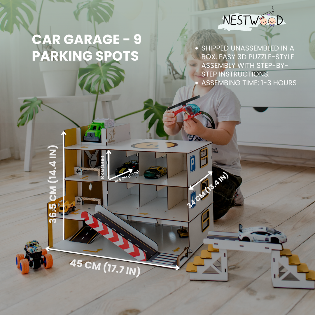 Toy car garage with 9 parking spots, child playing with toy cars, and product details on a white background.