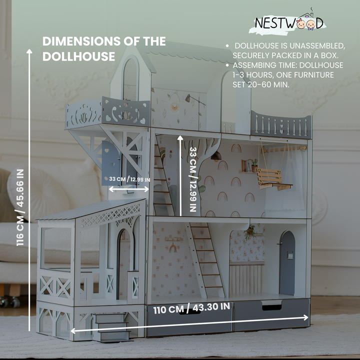 Unassembled dollhouse with dimensions indicated on a neutral background