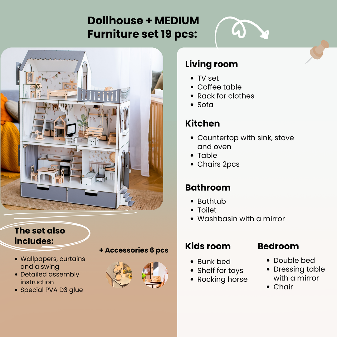 Dollhouse with medium furniture set and list of included items on a green background