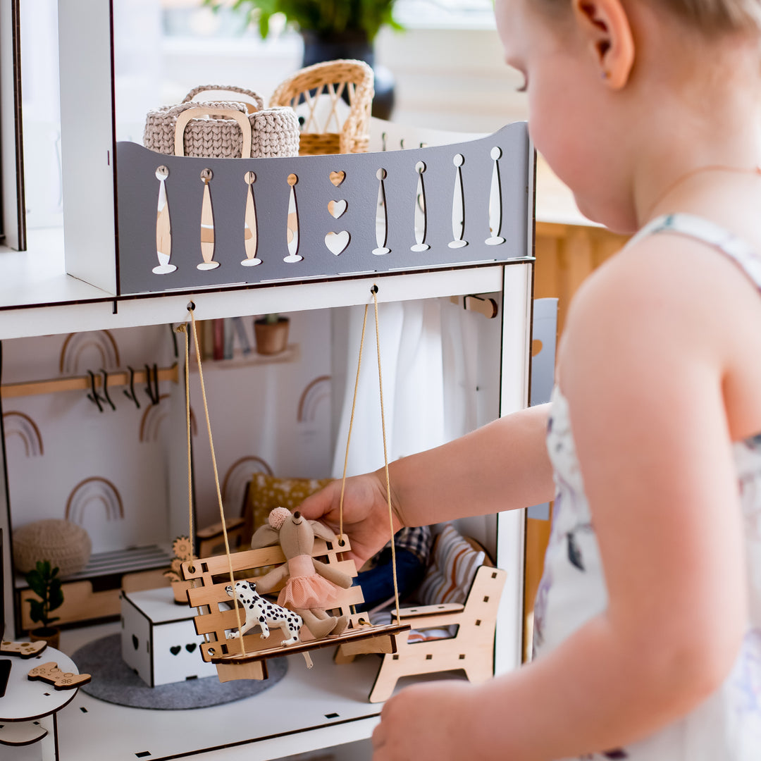Wooden Dollhouse for Maileg Mice, Holzpuppenhaus für Kinder, großes Puppenhaus mit Möbeln, Montessori Toy, Gift for Girls 3–7