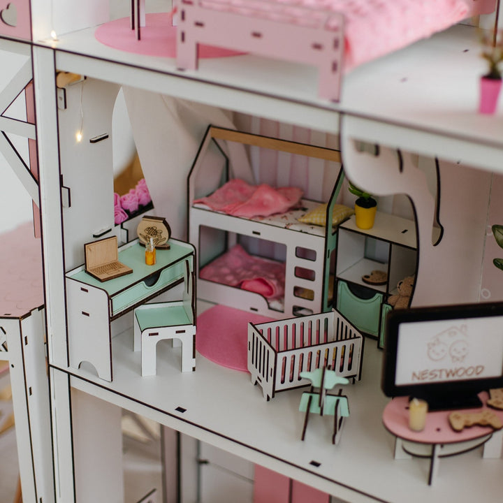 Wooden Dollhouse for Maileg Mice, Holzpuppenhaus für Kinder, großes Puppenhaus mit Möbeln, Montessori Toy, Gift for Girls 3–7