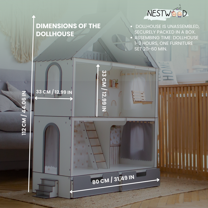 Dimensions of a dollhouse with NestWood branding