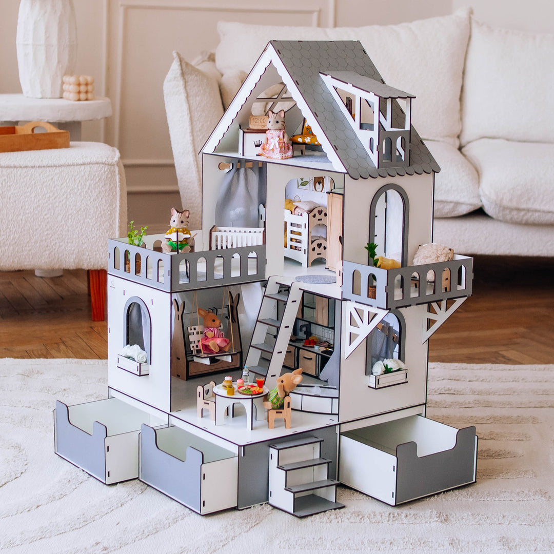 Wooden dollhouse with customizable name on a blurred background