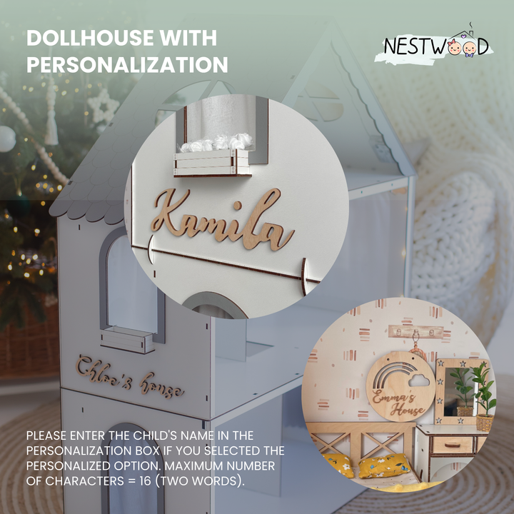 Wooden dollhouse with customizable name on a blurred background