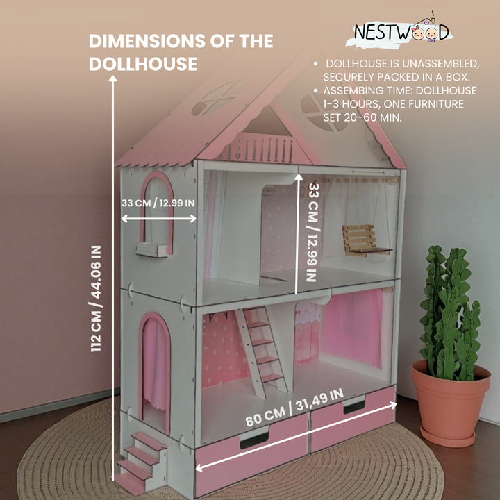 Wooden dollhouse with dimensions labeled, set against a neutral background.