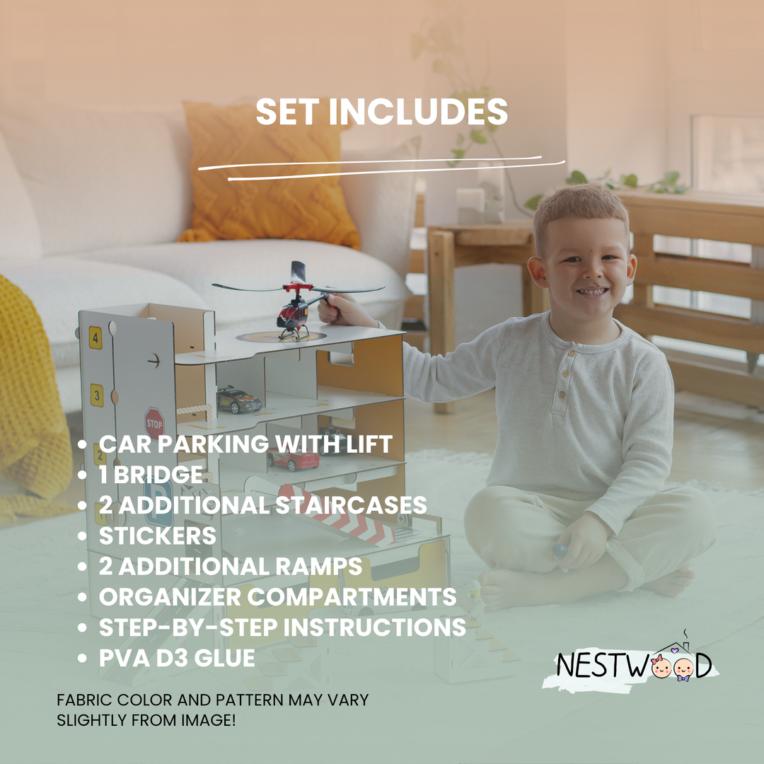 Child playing with a toy set in a bedroom, with text listing included items and NESTWOD branding.