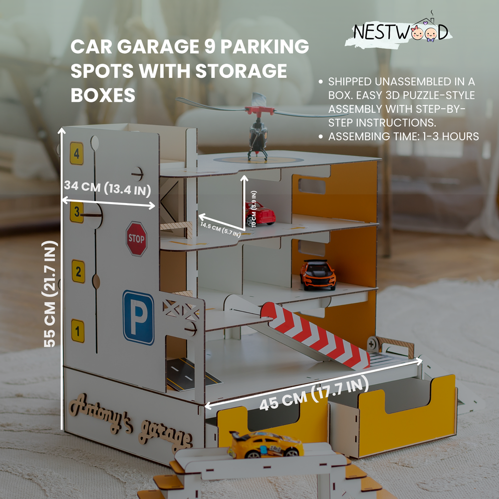 Wooden toy garage with parking spots and storage boxes, featuring NestWood branding.