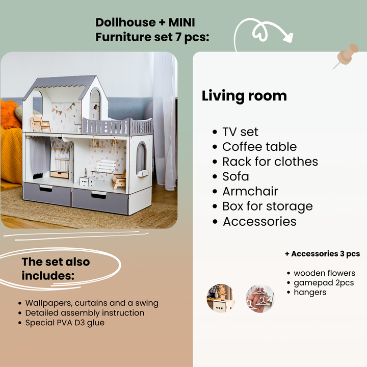 Puppenhaus Dream aus Holz mit Organizer im Maßstab 1:6 NestWood Eco