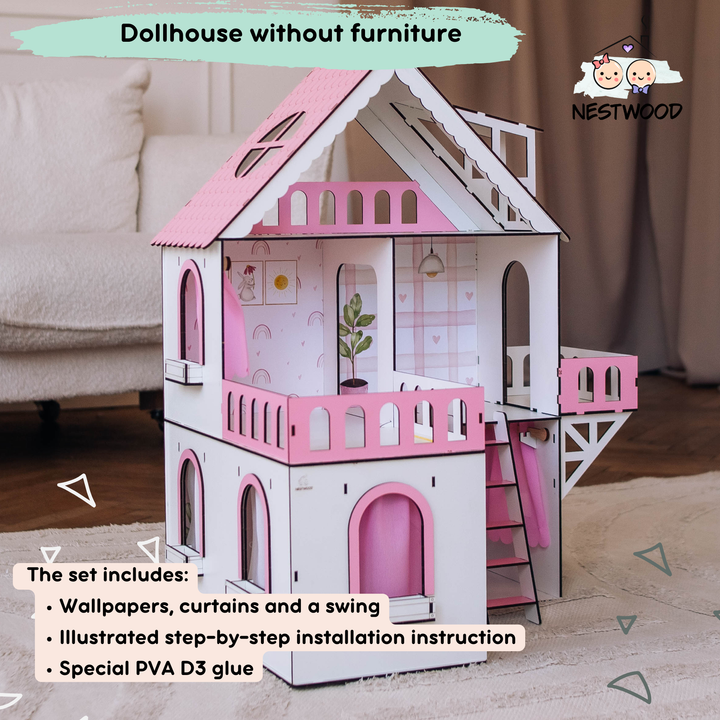 Wooden dollhouse Mini cottage scale 1:12 NestWood Pink