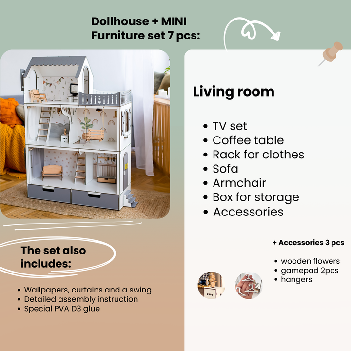 Dollhouse with miniature furniture set and living room furniture list on a green background