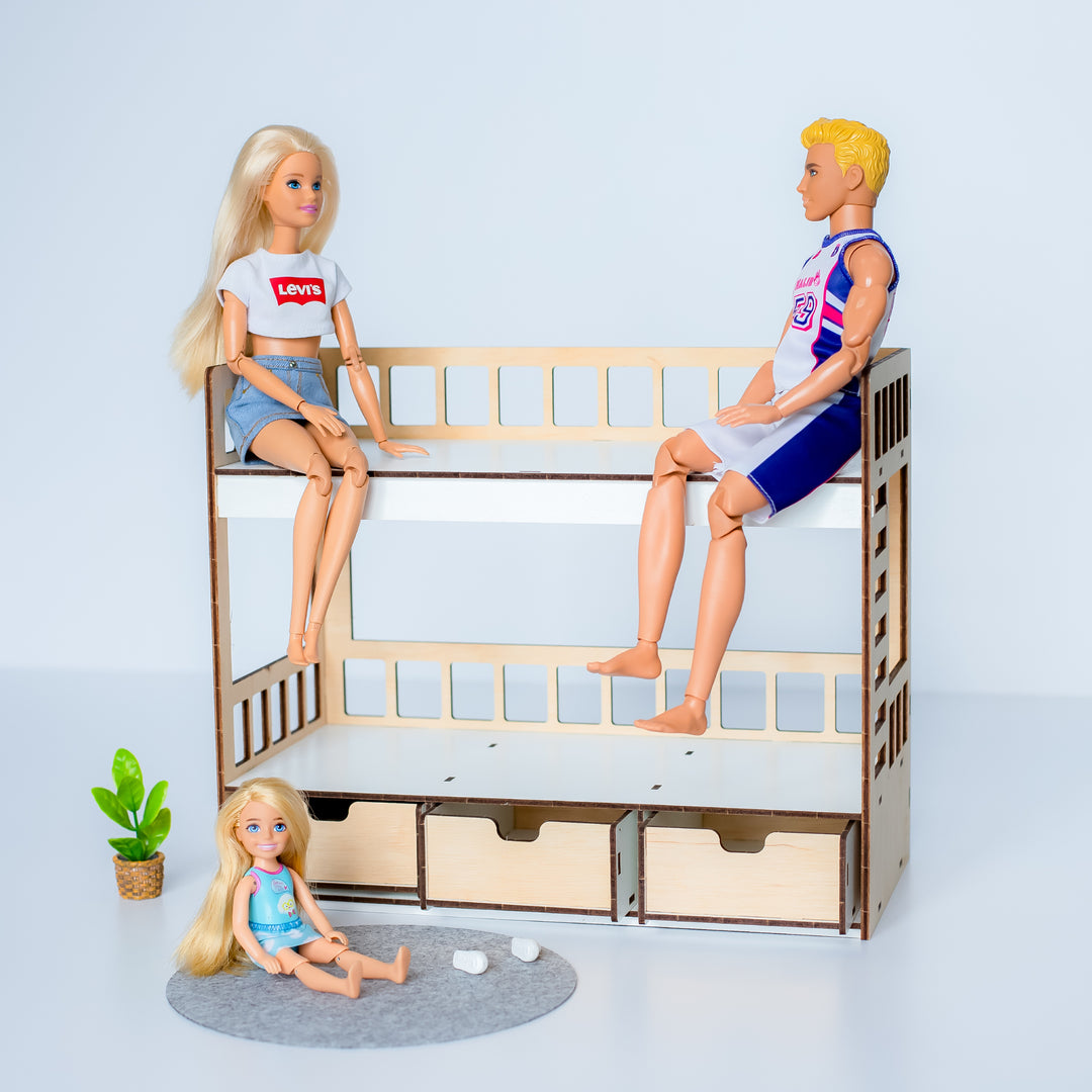 Wooden doll bunk bed with drawers scale 1:6 NestWood Eco