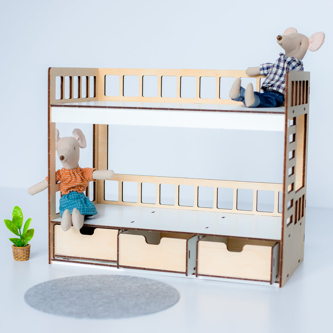 Wooden doll bunk bed with drawers scale 1:6 NestWood Eco