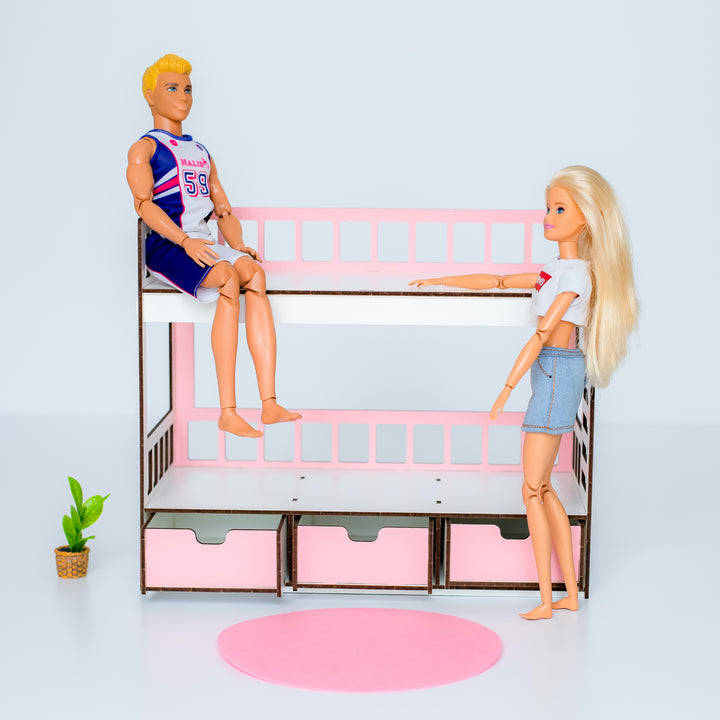 Wooden doll bunk bed with drawers scale 1:6 NestWood pink