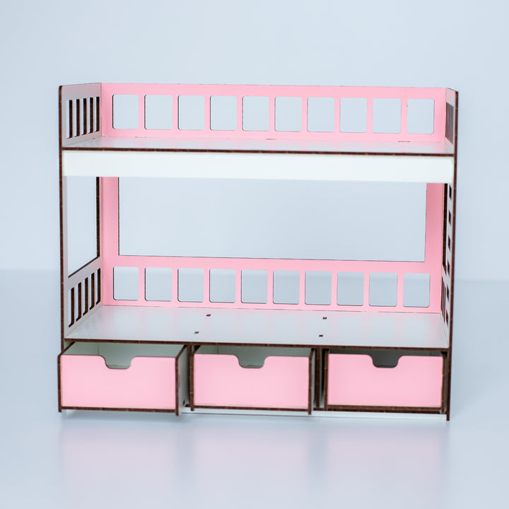 Wooden doll bunk bed with drawers scale 1:6 NestWood pink