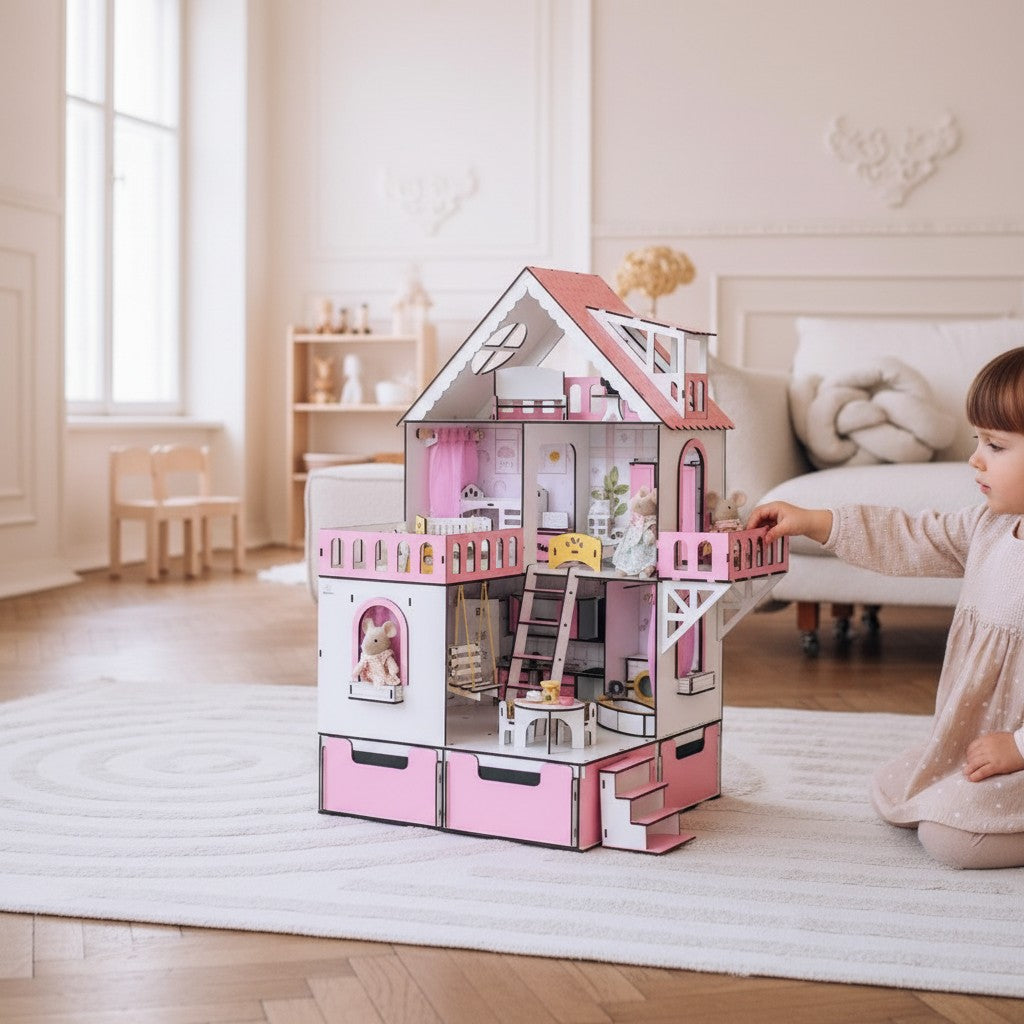 Puppenhaus aus Holz, Mini-Häuschen mit Organizer, Maßstab 1:12, NestWood Pink