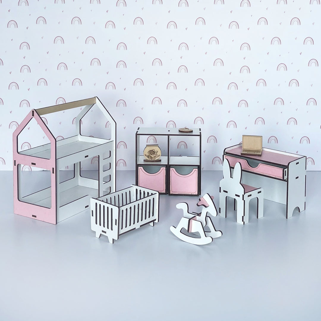 Wooden doll furniture Children's room scale 1:6 NestWood Pink