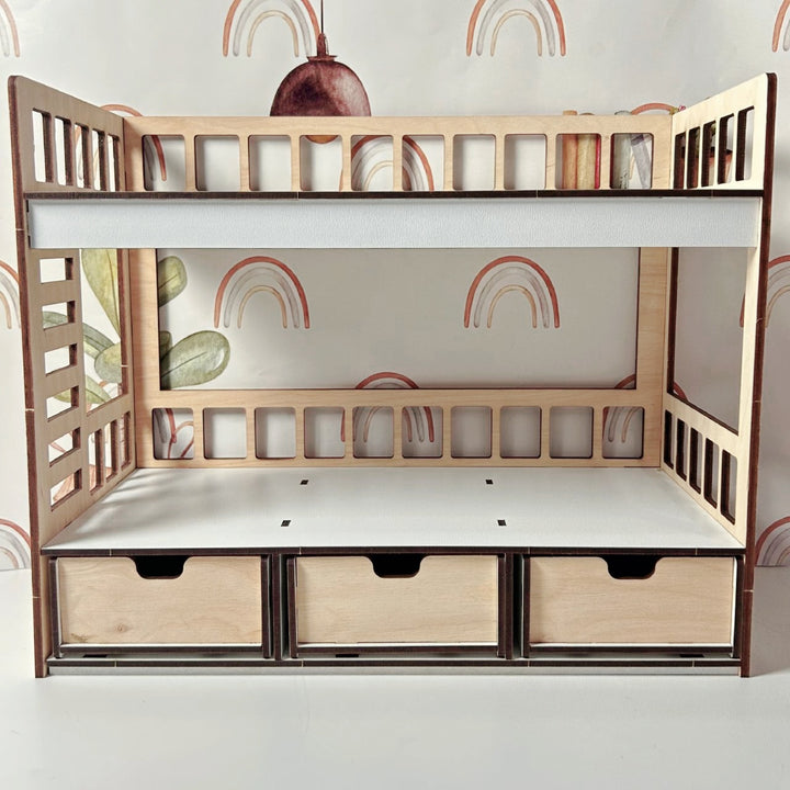 Wooden doll bunk bed with drawers scale 1:6 NestWood Eco