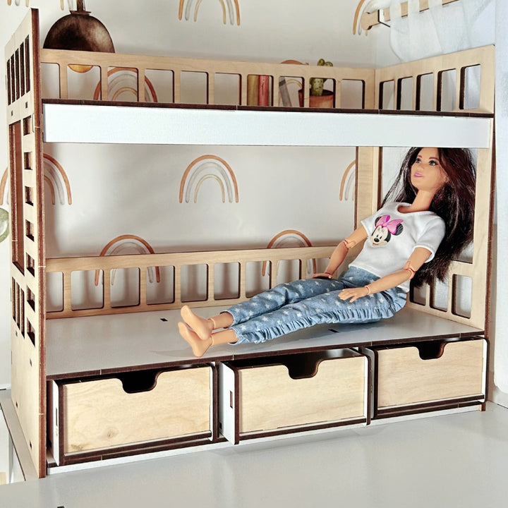 Wooden doll bunk bed with drawers scale 1:6 NestWood Eco