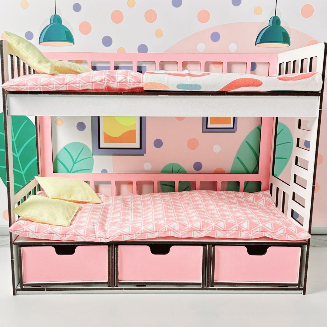 Wooden doll bunk bed with drawers scale 1:6 NestWood pink