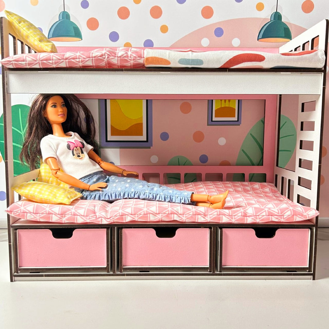 Wooden doll bunk bed with drawers scale 1:6 NestWood pink