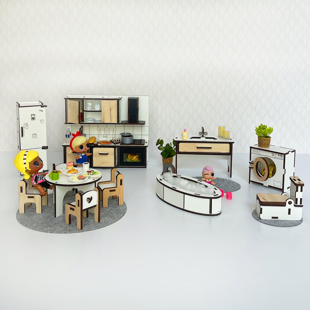 Wooden Kitchen + Bathroom furniture set in scale 1:12 NestWood Eco