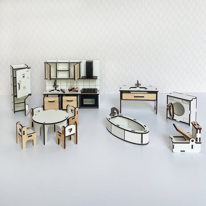 Wooden Kitchen + Bathroom furniture set in scale 1:12 NestWood Eco