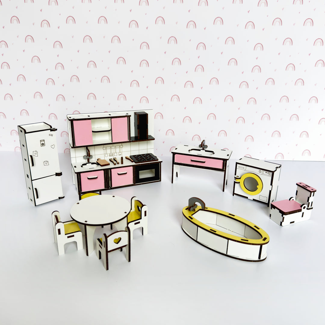 Wooden Kitchen + Bathroom furniture set in scale 1:12 NestWood Pink