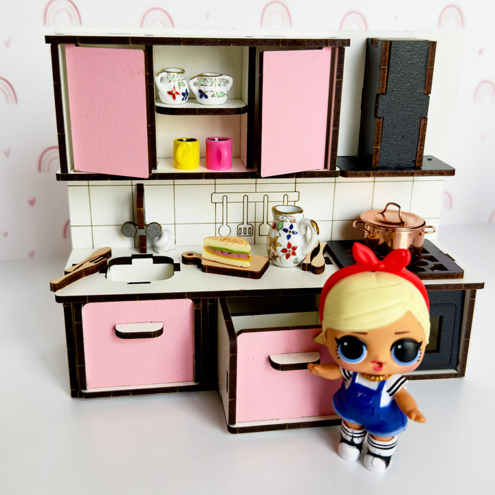 Wooden Kitchen + Bathroom furniture set in scale 1:12 NestWood Pink