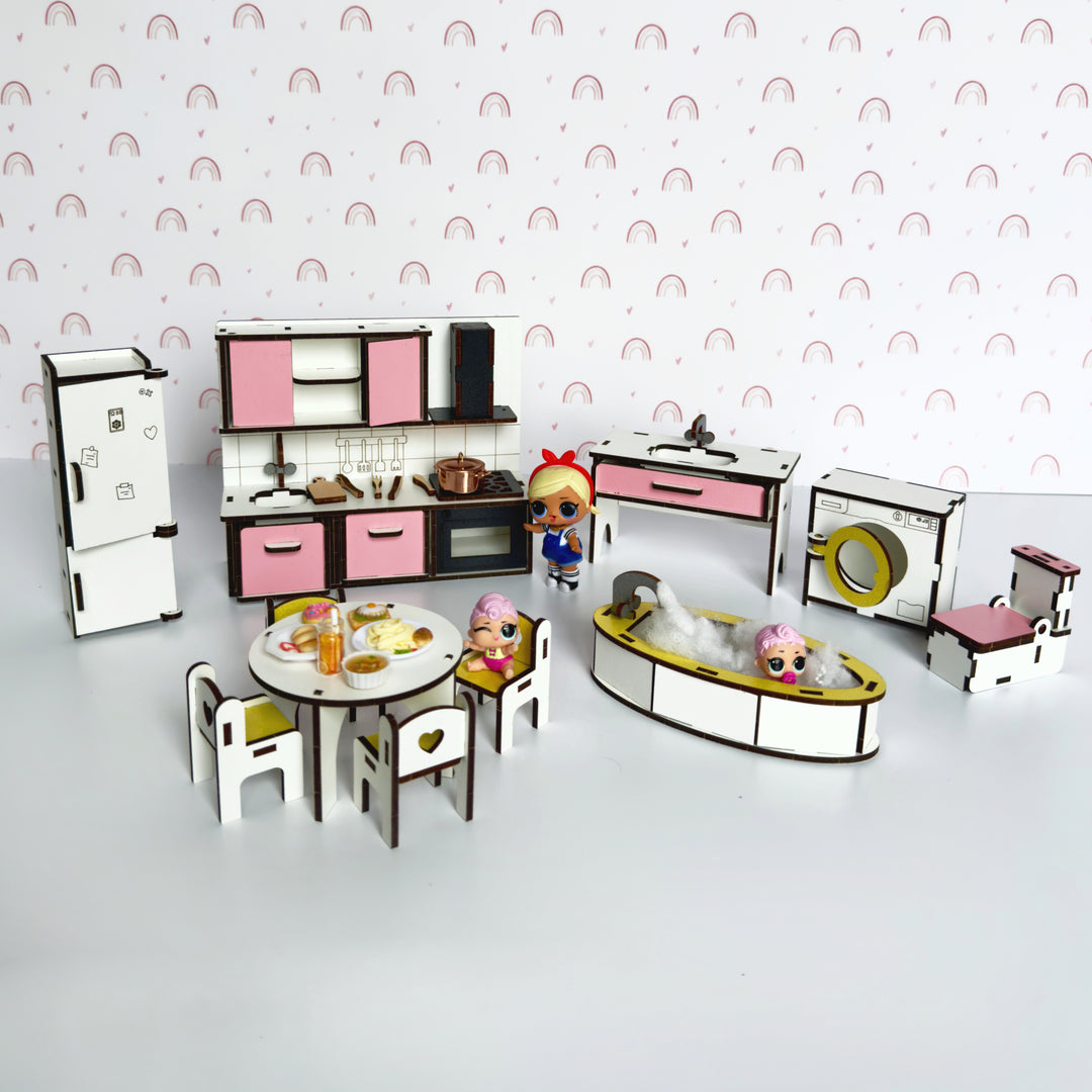 Wooden Kitchen + Bathroom furniture set in scale 1:12 NestWood Pink