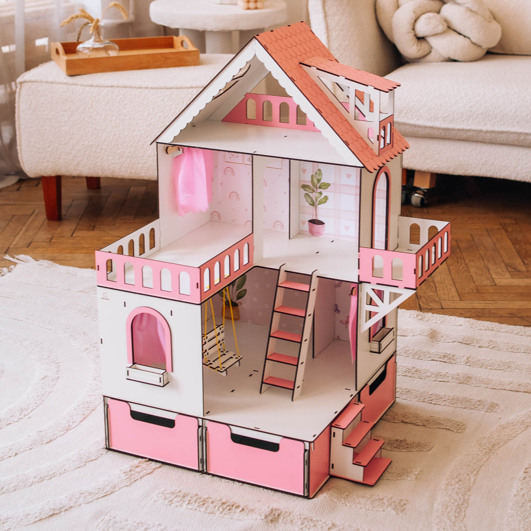 Wooden dollhouse Mini cottage with organizer scale 1:12 NestWood Pink
