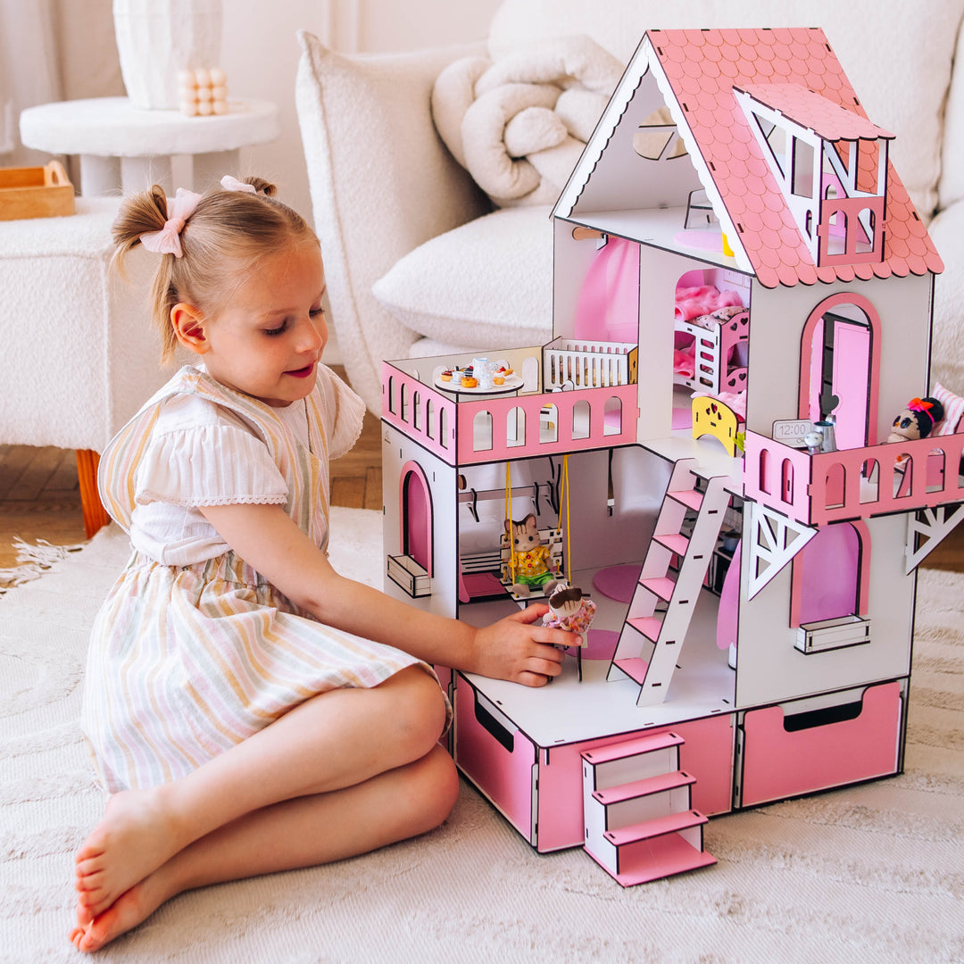Wooden dollhouse Mini cottage with organizer scale 1:12 NestWood Pink