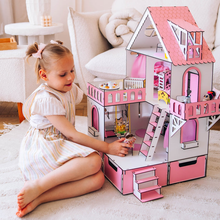 Wooden dollhouse Mini cottage with organizer scale 1:12 NestWood Pink
