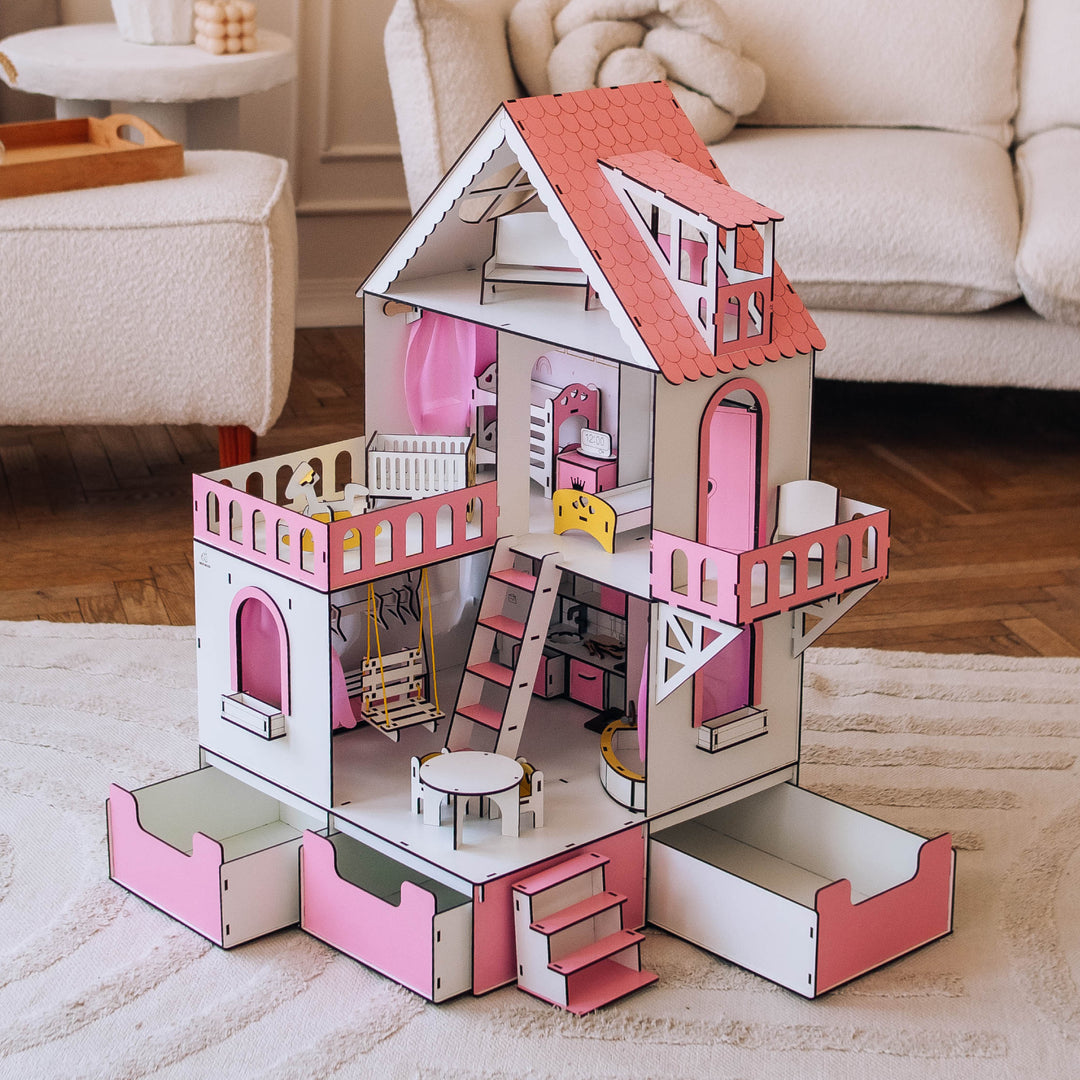 Wooden dollhouse Mini cottage with organizer scale 1:12 NestWood Pink