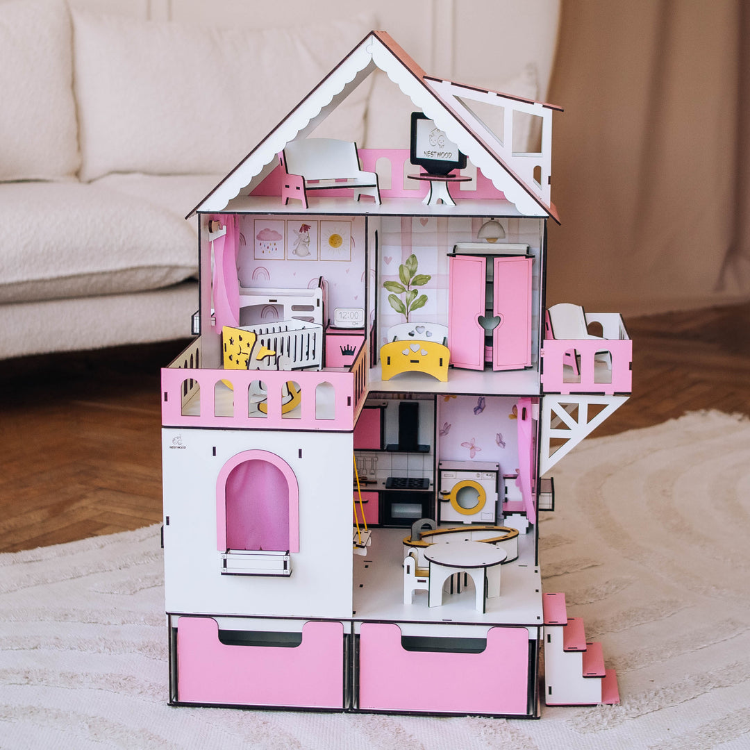 Wooden dollhouse Mini cottage with organizer scale 1:12 NestWood Pink