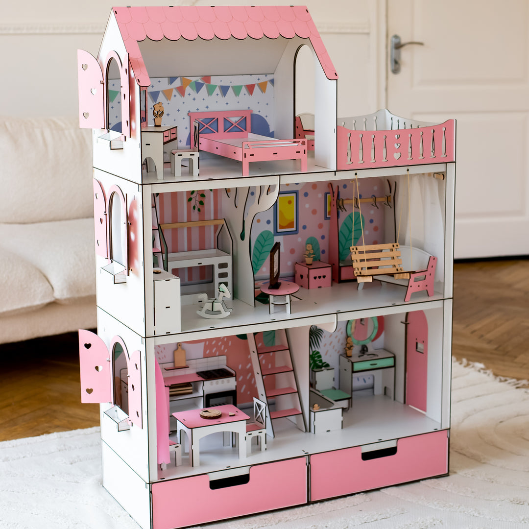 Wooden dollhouse Lux with organizer scale 1:6 NestWood pink