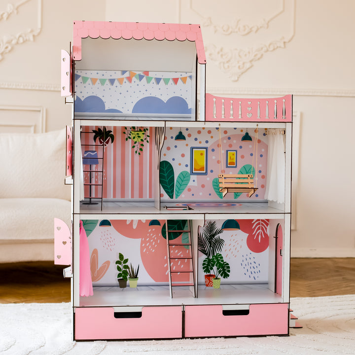 Wooden dollhouse Lux with organizer scale 1:6 NestWood pink