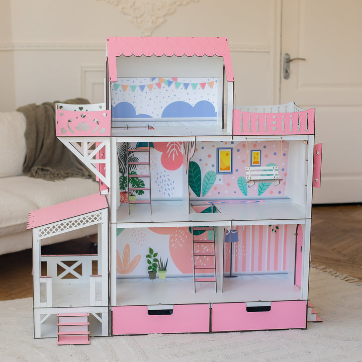 Wooden dollhouse Lux with organizer, balcony and terrace scale 1:6 NestWood pink